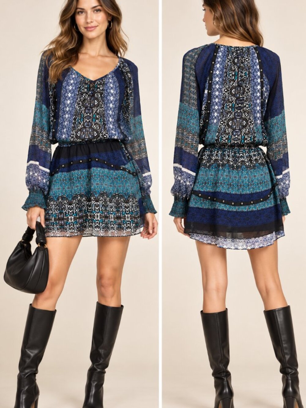Ramy Brook Silk Multi Print V Neck Smocked Long Sleeve Mini Dress